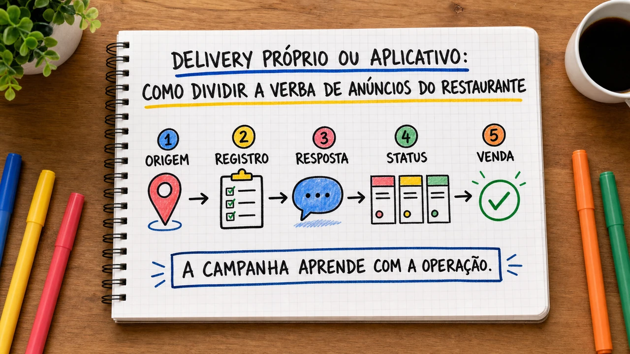Composição editorial sobre delivery próprio ou aplicativo conectando campanha, atendimento e resultado