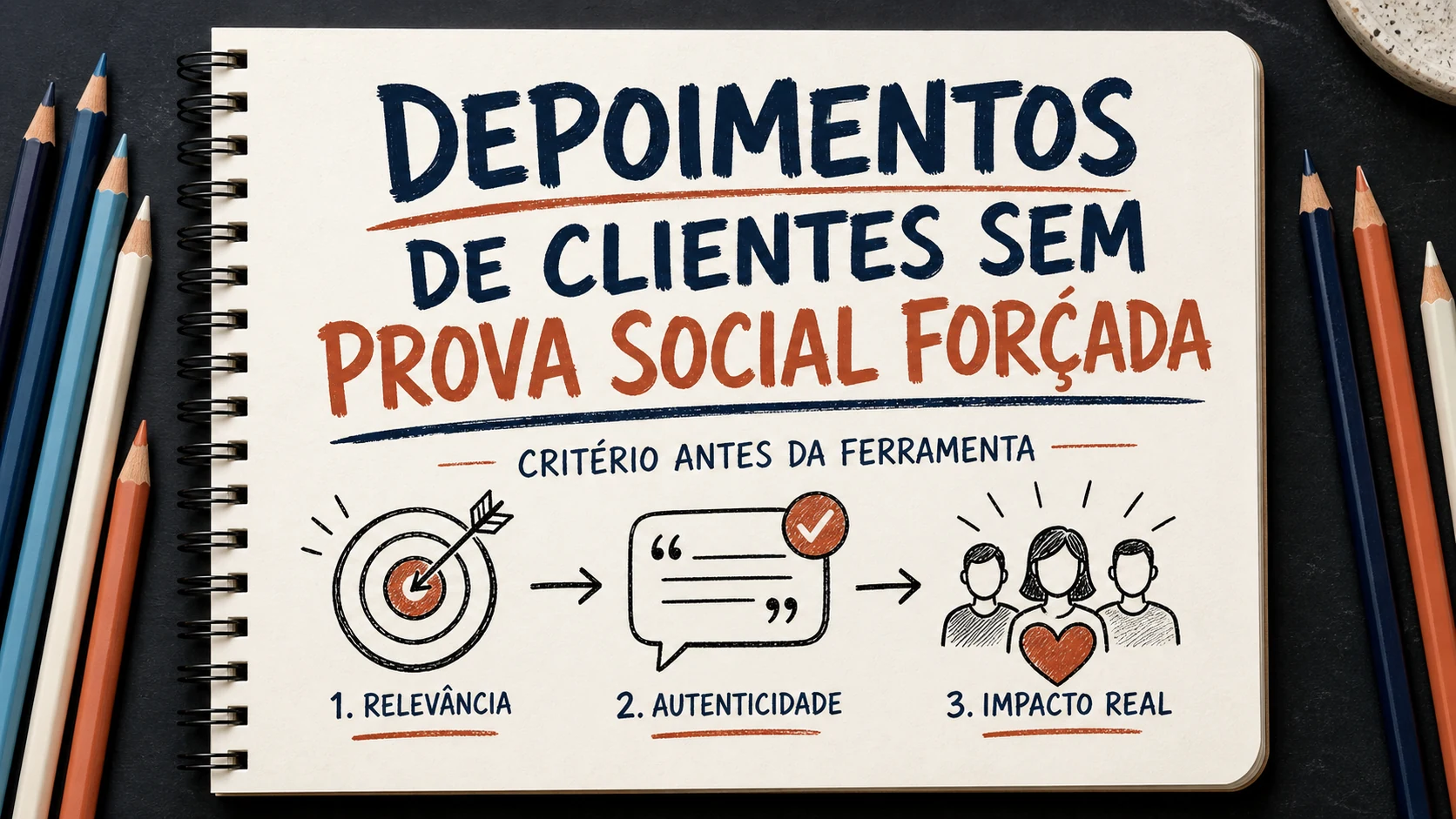 Depoimentos de clientes organizado em uma capa editorial com critérios, canais e próximos passos.