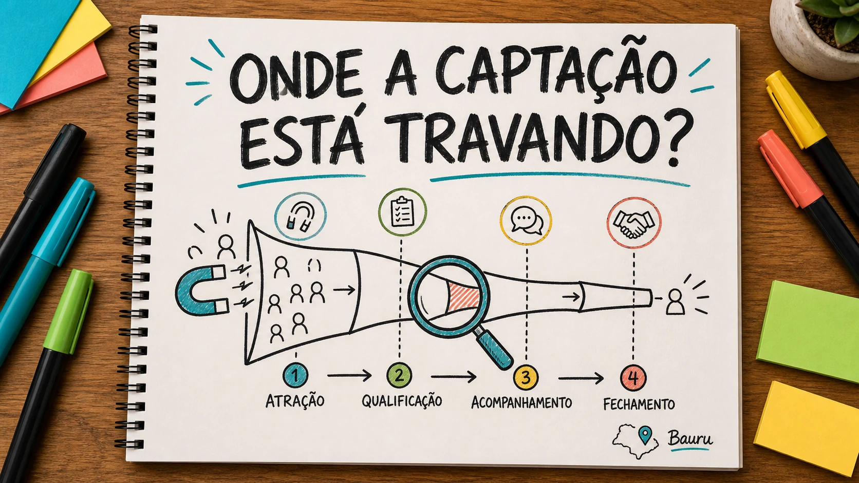 Caderno colorido com uma rota de diagnóstico de captação para corretora