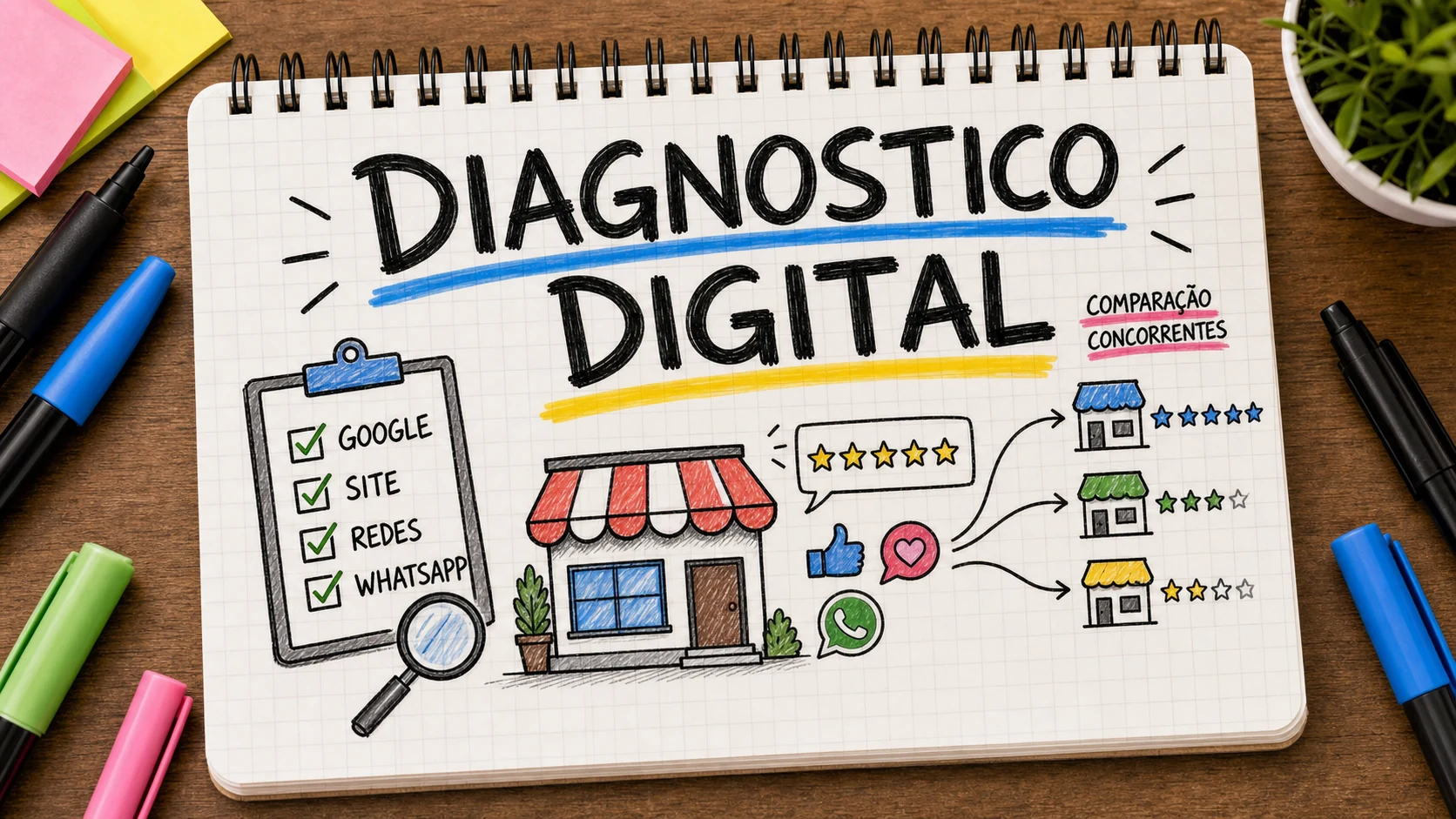 Diagnóstico de presença digital com checklist de Google, site e redes sociais