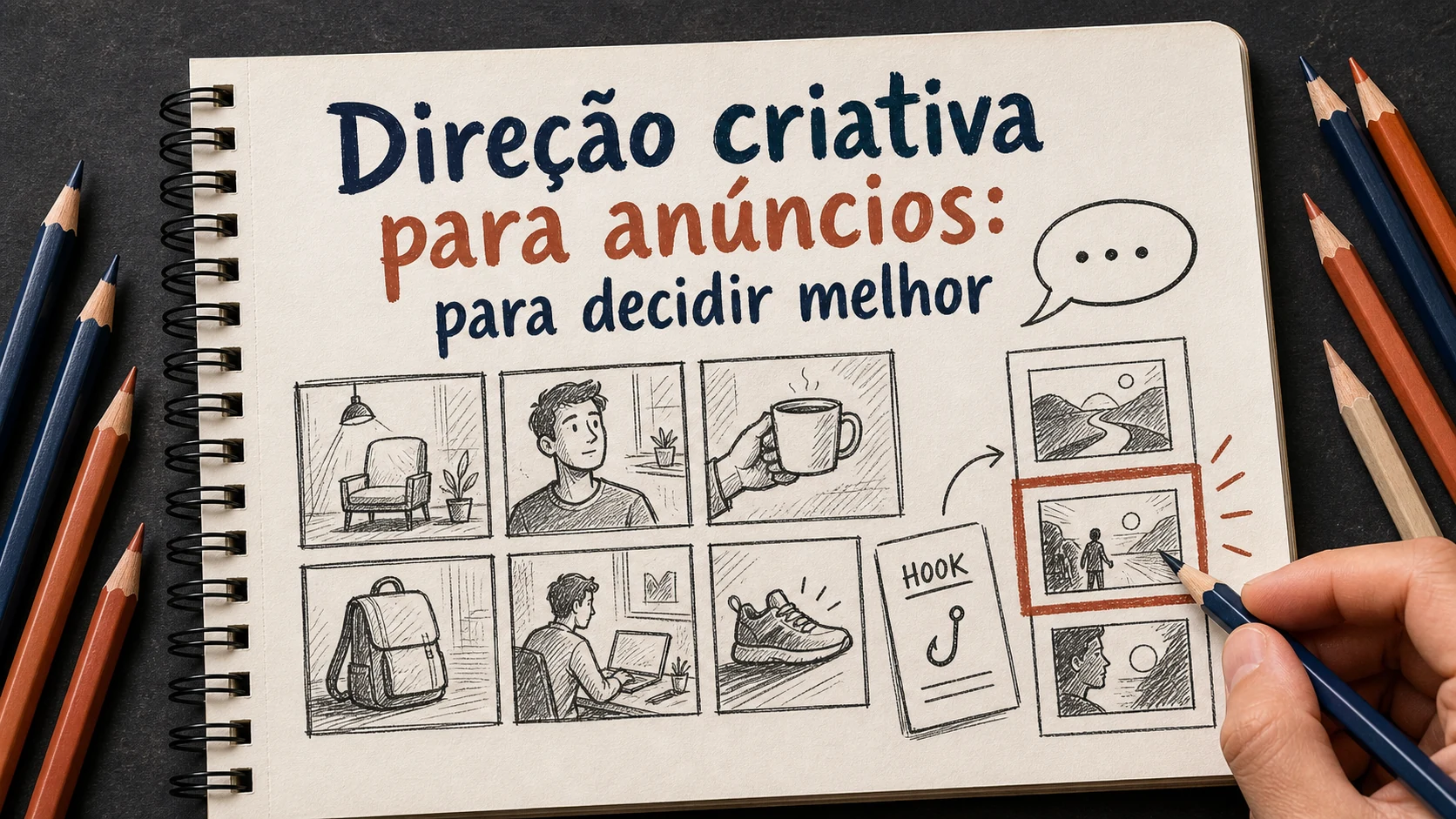 Direção criativa para anúncios em uma cena editorial sobre diagnóstico, escolha e próximos passos.