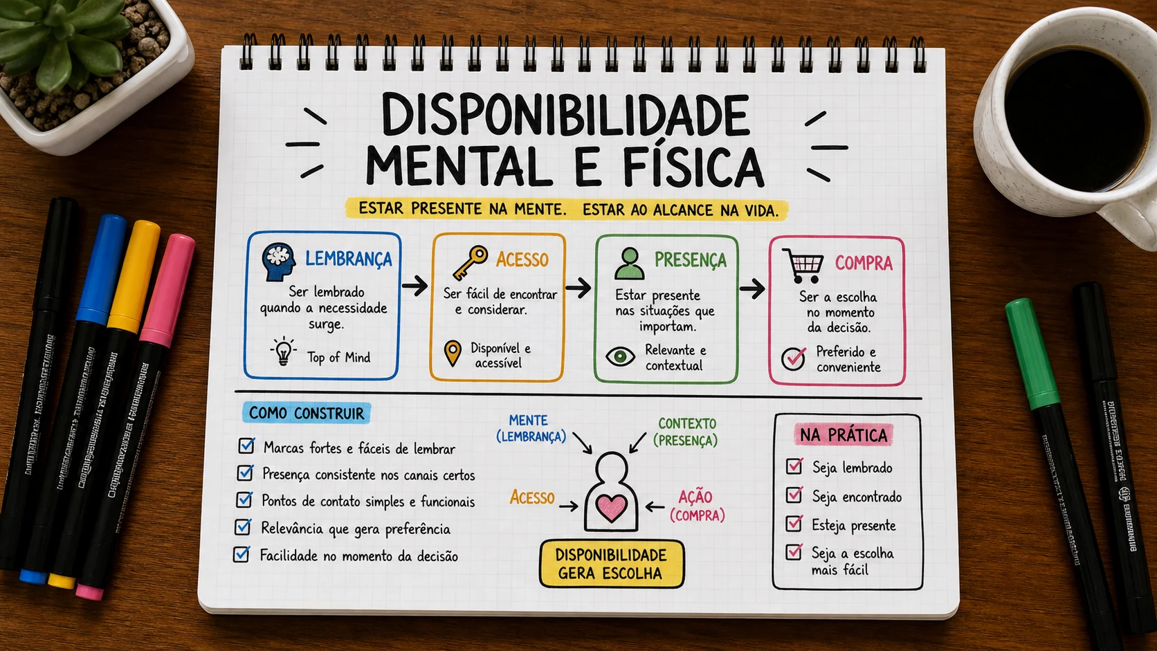 Disponibilidade mental e física em uma cena editorial sobre decisão, mensagem e comportamento de compra.