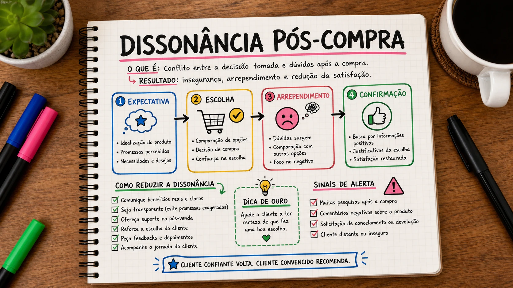 Dissonância cognitiva pós compra em uma cena editorial sobre decisão, mensagem e comportamento de compra.