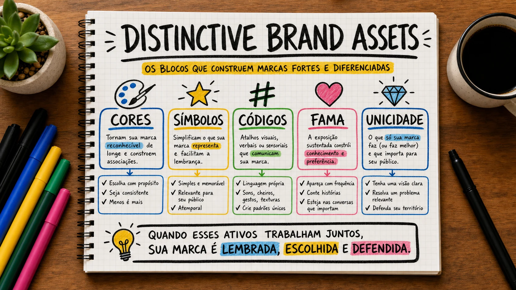 Distinctive Brand Assets em uma cena editorial sobre decisão, mensagem e comportamento de compra.