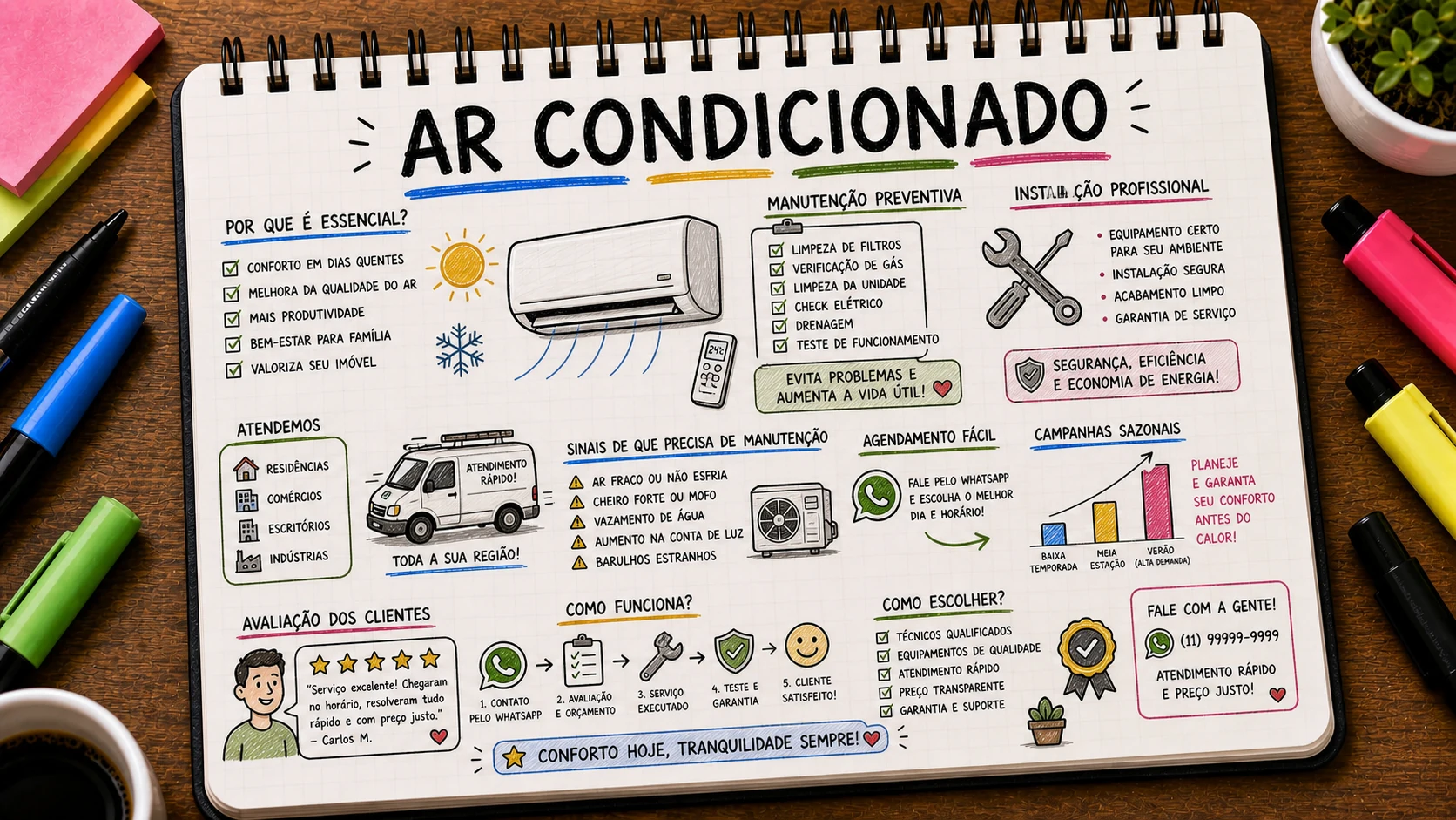 Divulgar empresa de ar condicionado com serviços, avaliações e campanhas sazonais