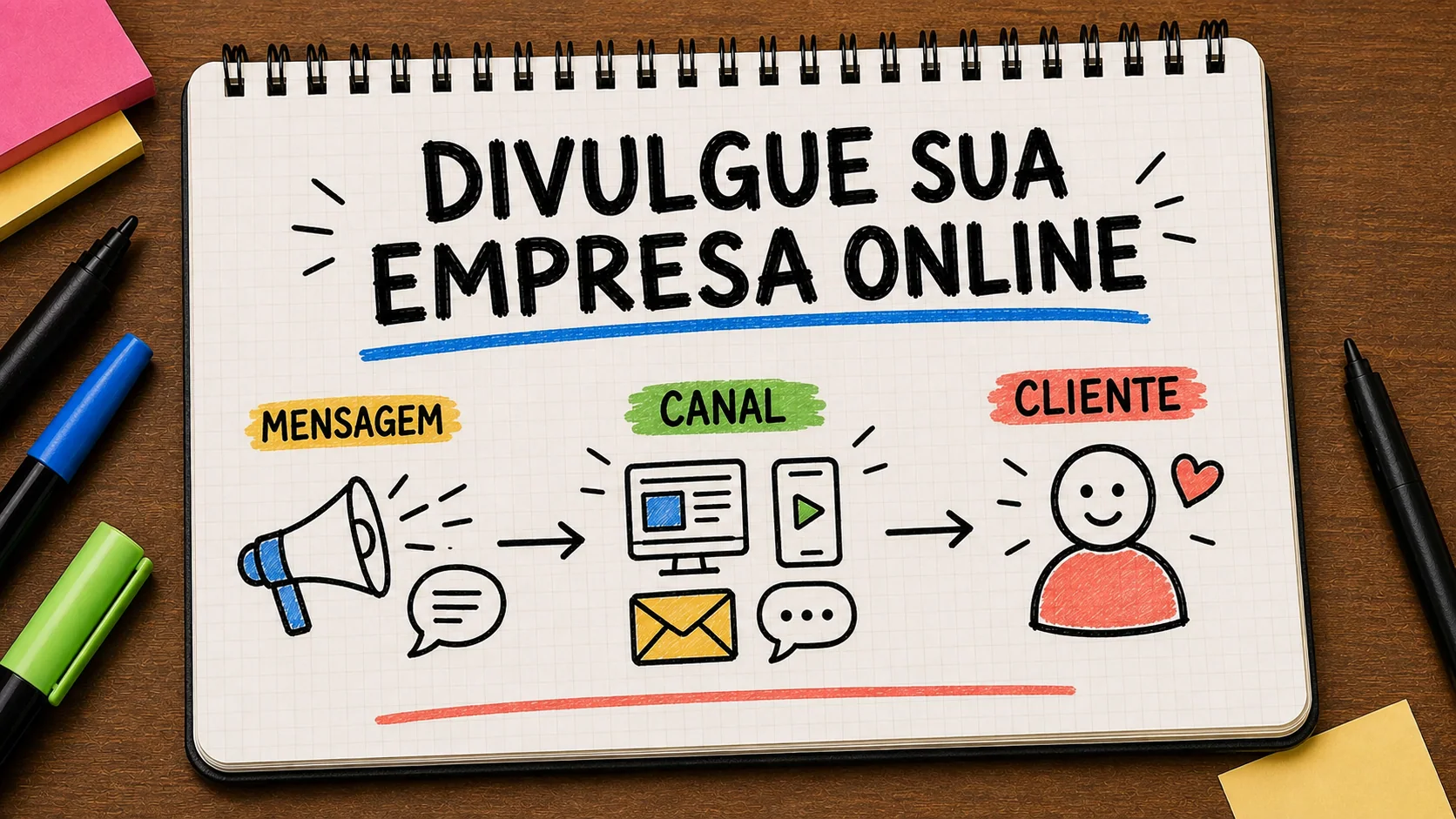 como divulgar minha empresa na internet representado como caminho entre anúncio, contato e