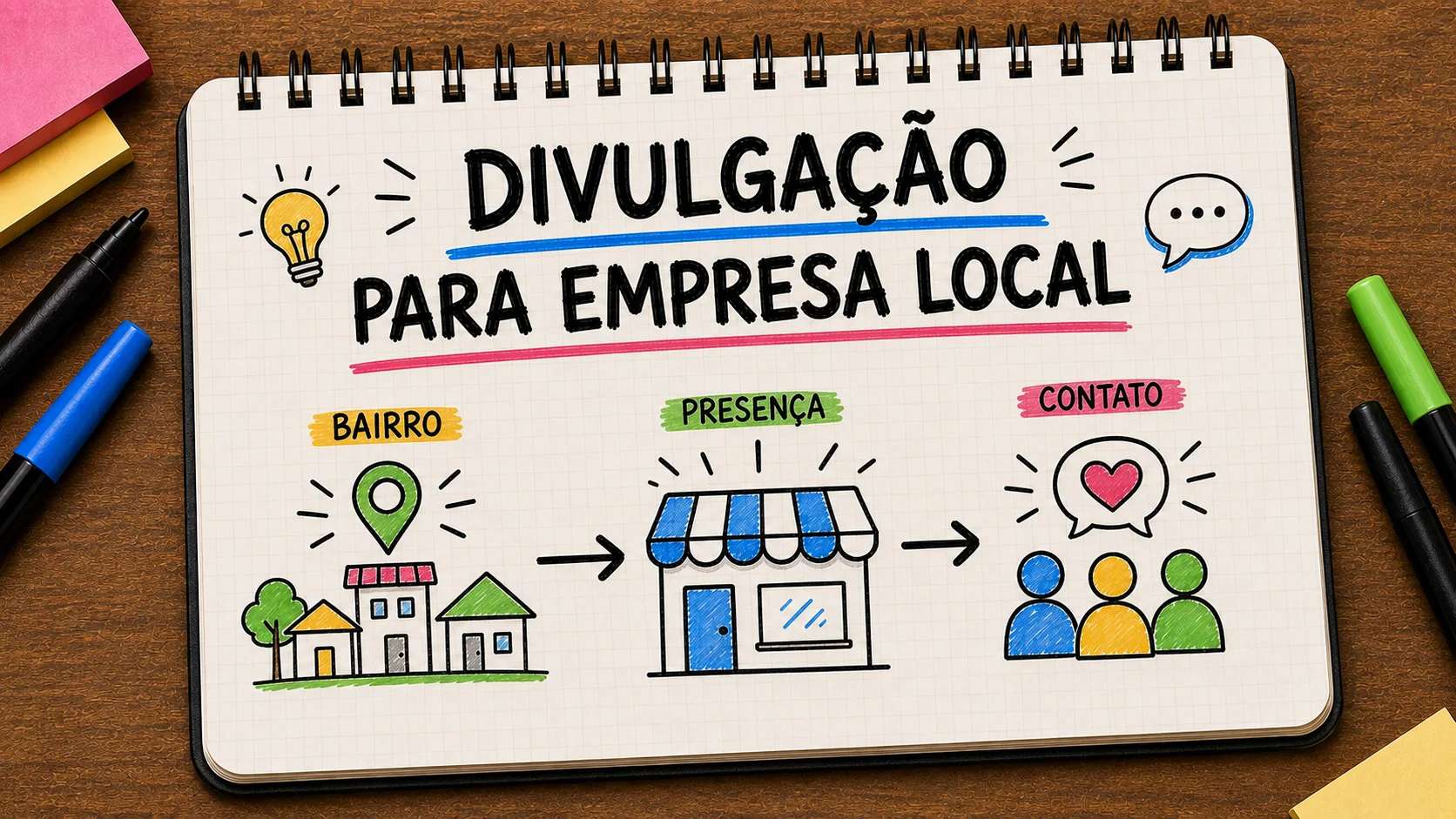como divulgar empresa local representado como caminho entre anúncio, contato e