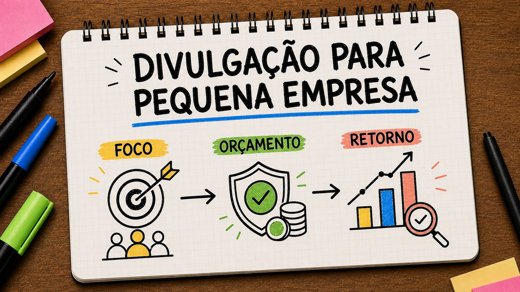 como divulgar uma empresa pequena representado como caminho entre anúncio, contato e