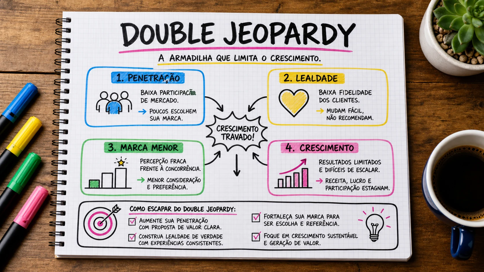 Double Jeopardy marketing em uma cena editorial sobre decisão, mensagem e comportamento de compra.