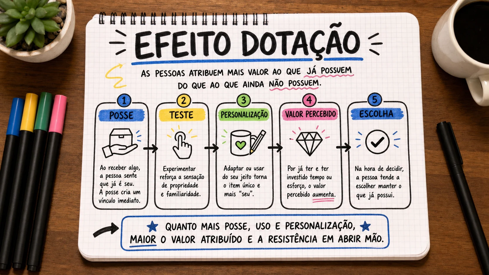 Efeito dotação marketing em uma cena editorial sobre decisão, mensagem e comportamento de compra.