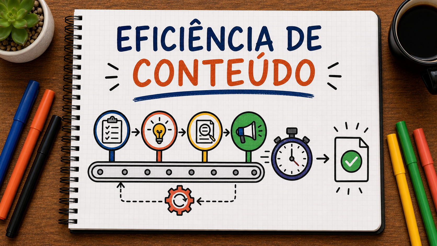 Caderno ilustrado sobre eficiência da operação de conteúdo, mostrando fluxo, espera, retrabalho, uso