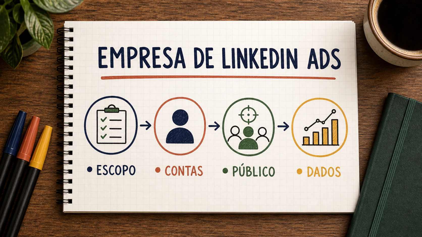 Caderno ilustrado com critérios de escopo, contas, público, captação e CRM para escolher uma empresa de LinkedIn Ads.