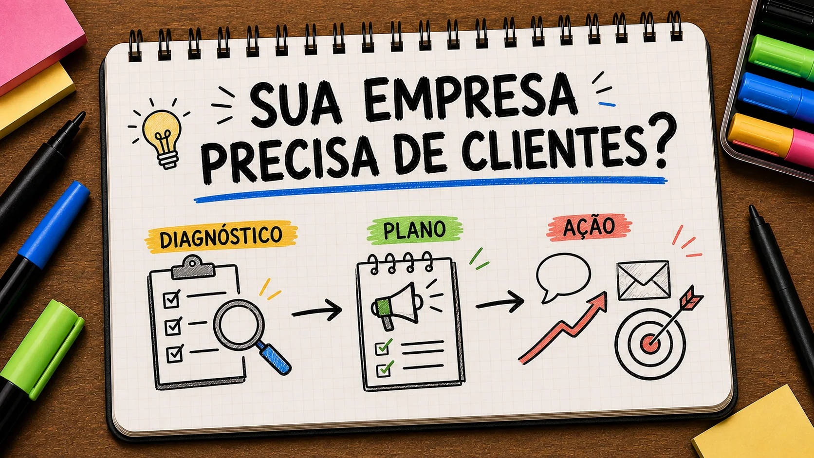 minha empresa precisa de mais clientes representado como caminho entre anúncio, contato e