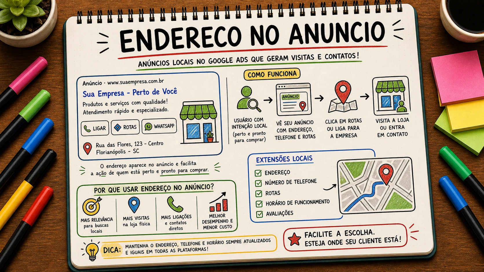 Endereço no anúncio do Google com telefone e rota para negócio local