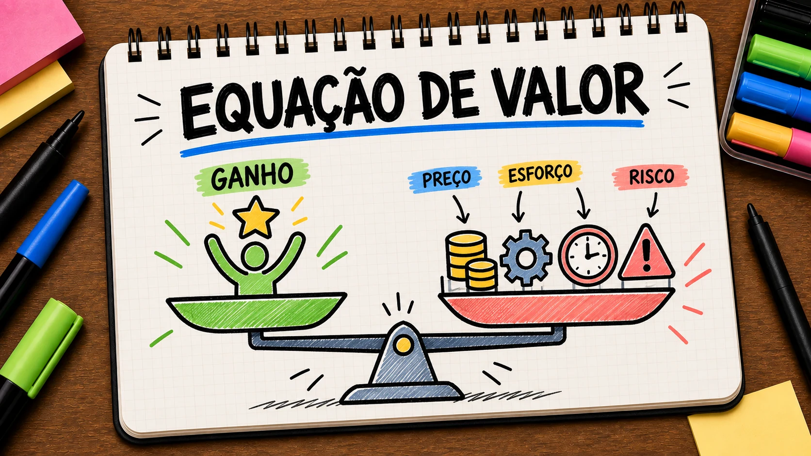 Equação de valor para o cliente equilibrando ganho, preço, esforço e risco