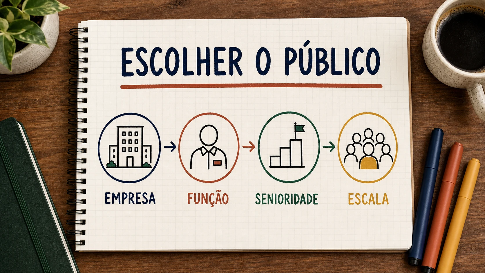 Caderno ilustrado equilibrando empresa, função, senioridade e escala na escolha de público do LinkedIn.