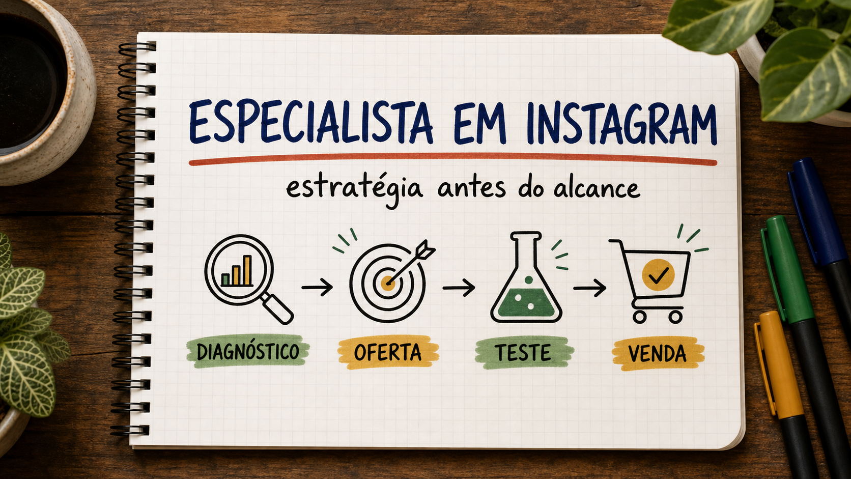 Caderno ilustrado sobre especialista em anúncios no Instagram, com etapas de campanha, atendimento e venda