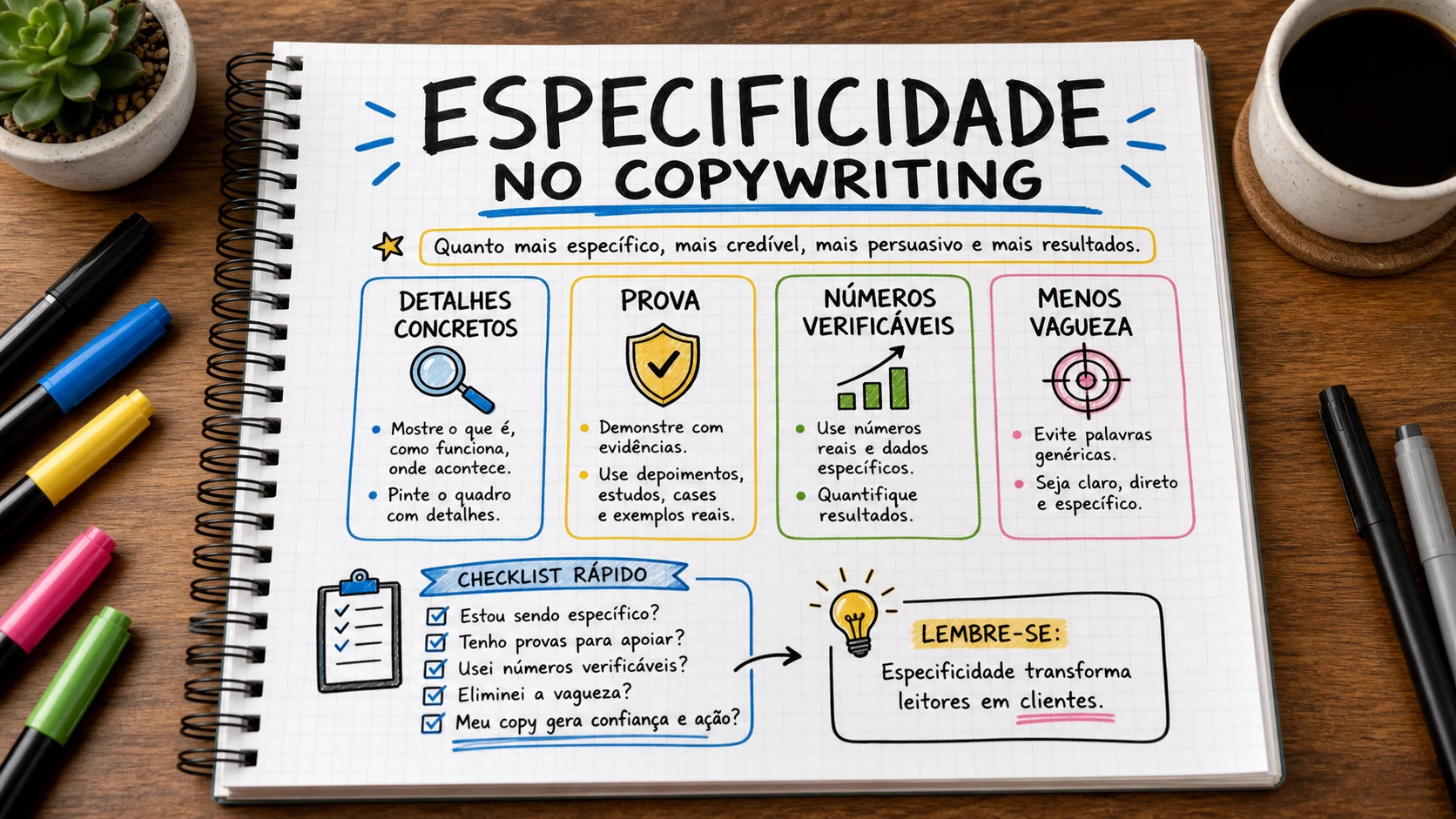 Especificidade no copywriting em uma cena editorial sobre decisão, mensagem e comportamento de compra.