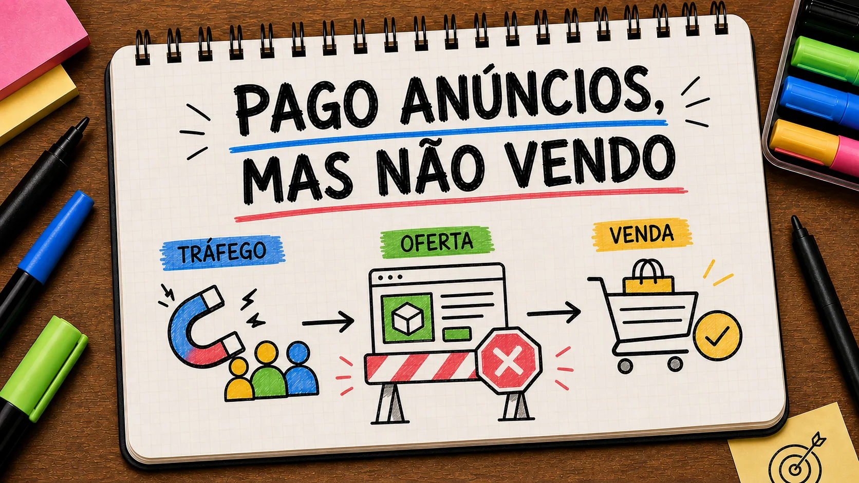 estou pagando anúncios e não consigo clientes representado como caminho entre anúncio, contato e