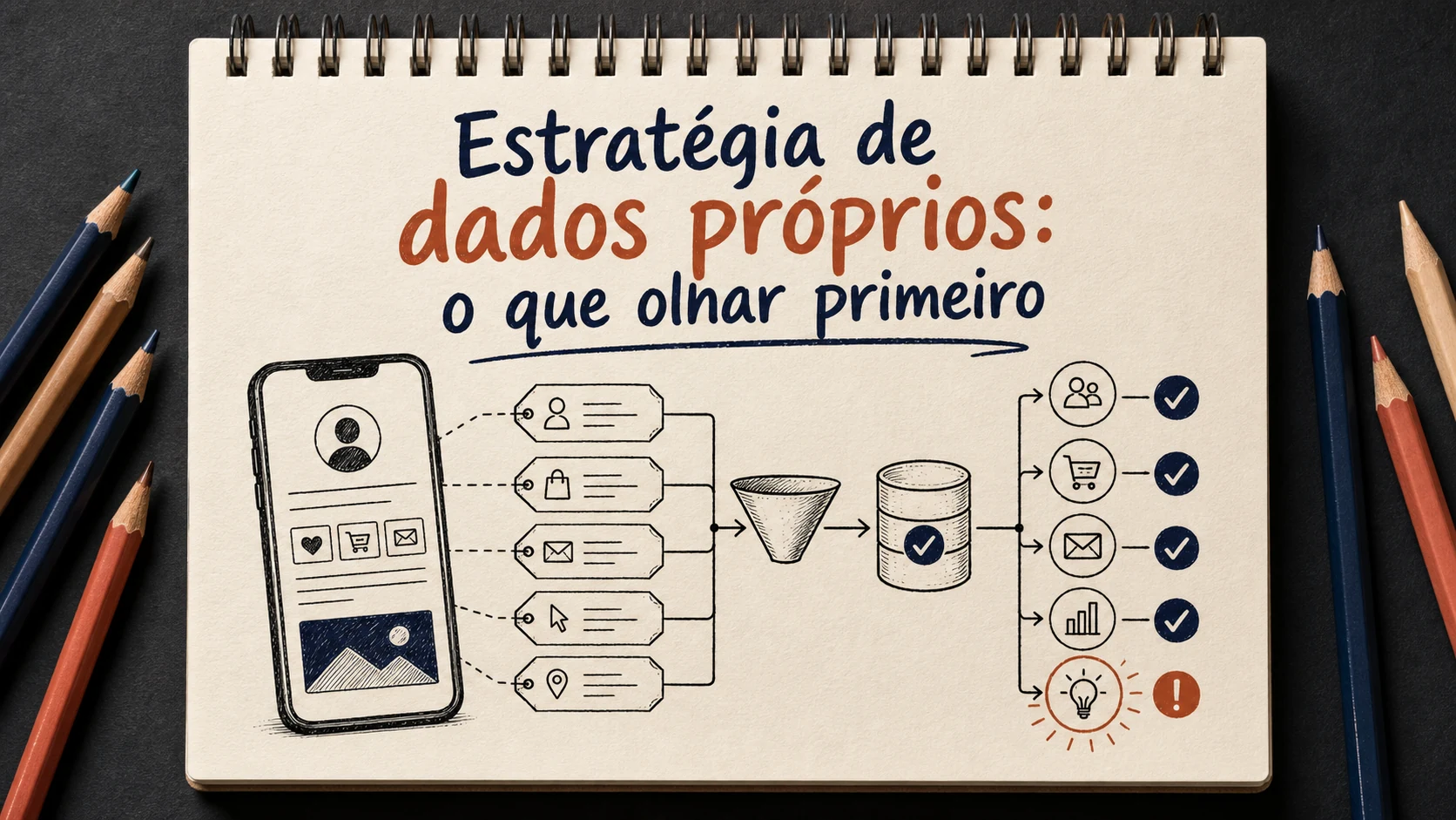 Estratégia de dados próprios em uma cena editorial sobre diagnóstico, escolha e próximos passos.