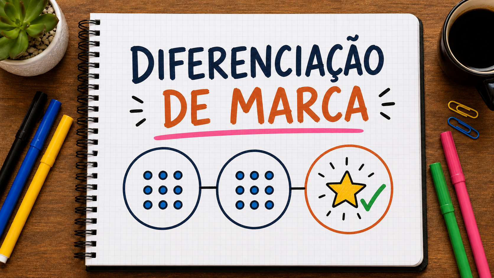 Caderno com mapa visual sobre diferenciação de marca aplicado à estratégia de marketing
