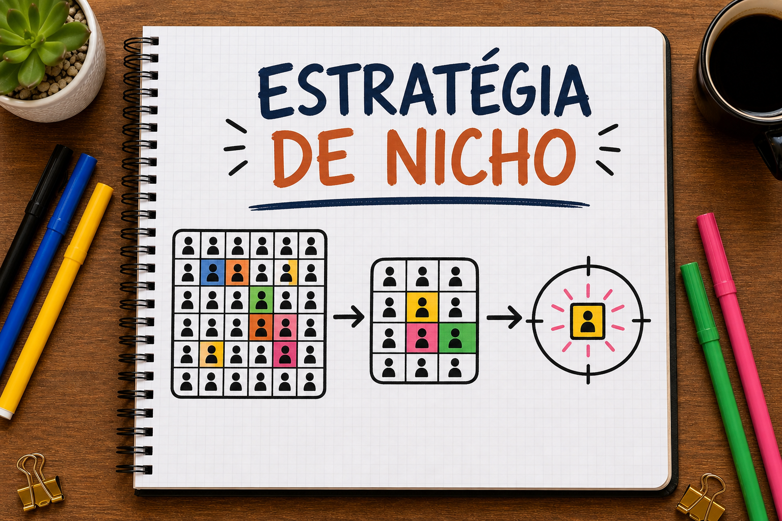 Caderno com mapa visual sobre estratégia de nicho aplicado à estratégia de marketing