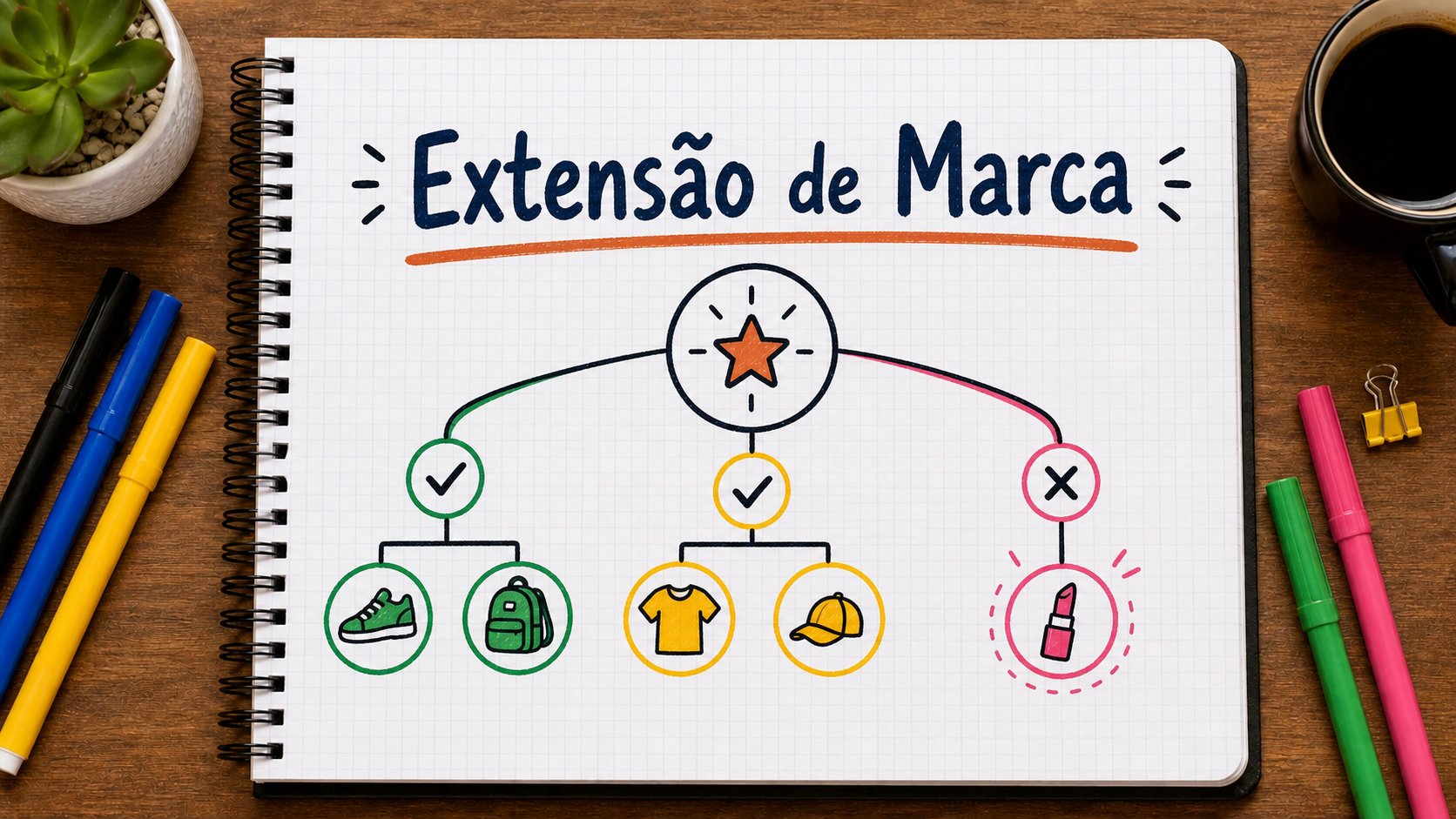 Caderno com mapa visual sobre extensão de marca aplicado à estratégia de marketing