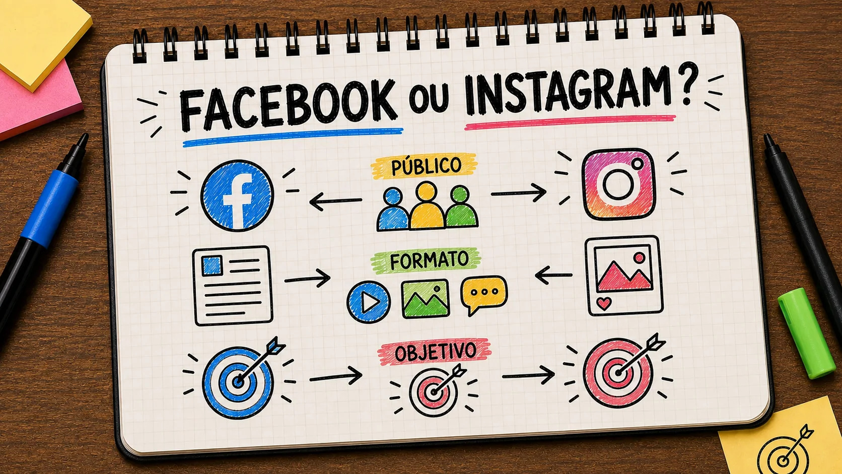 Facebook ou Instagram para empresa representado como caminho entre anúncio, contato e