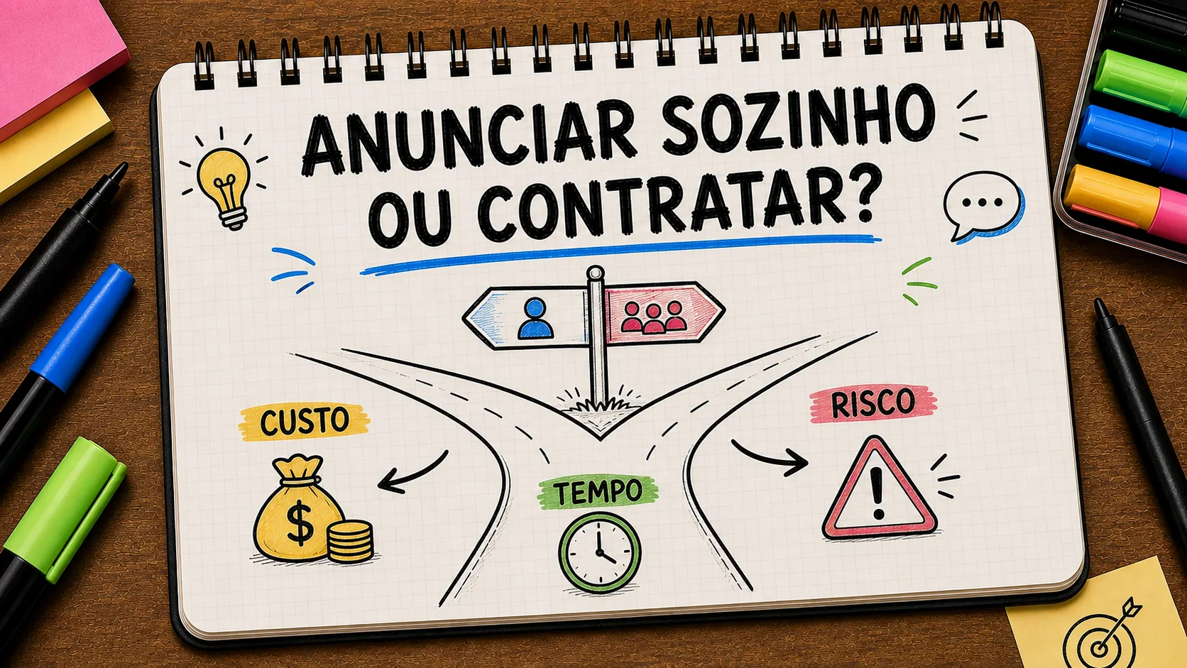 fazer anúncios sozinho ou contratar alguém representado como caminho entre anúncio, contato e