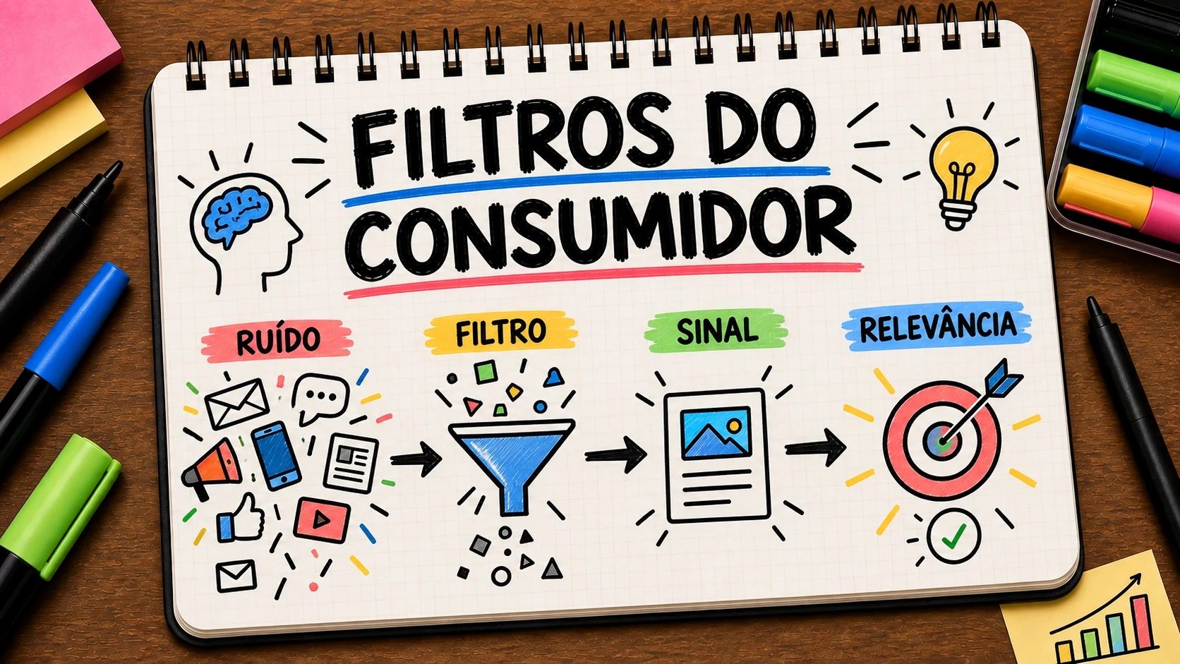 Filtros do consumidor separando ruído, sinais e mensagens relevantes