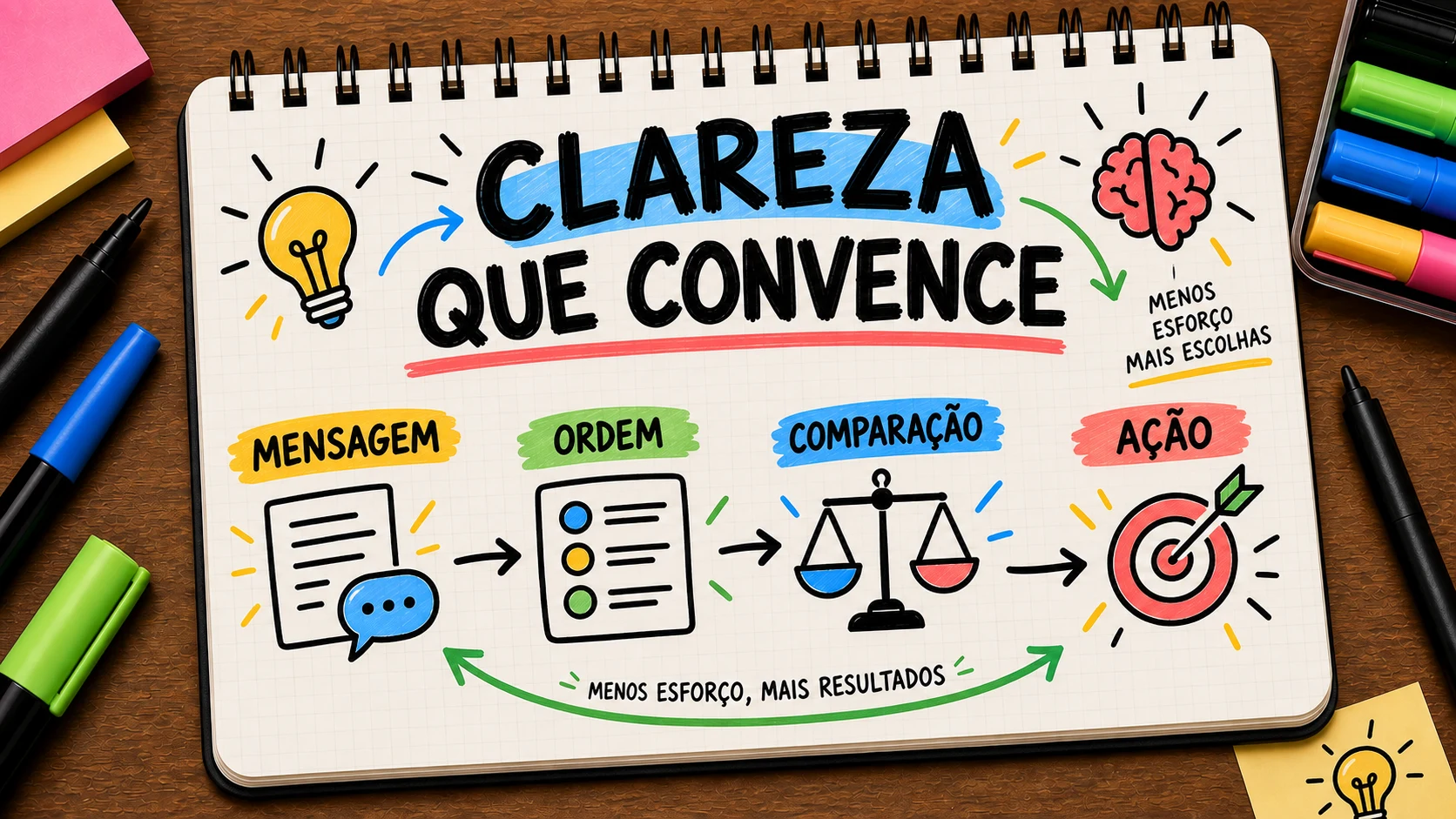 Fluência cognitiva organizando mensagem, hierarquia, comparação e decisão