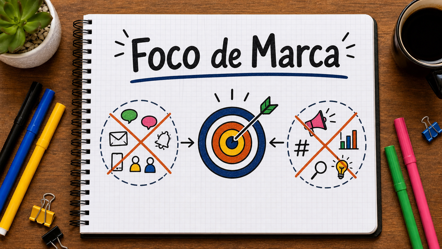Caderno com mapa visual sobre foco de marca aplicado à estratégia de marketing