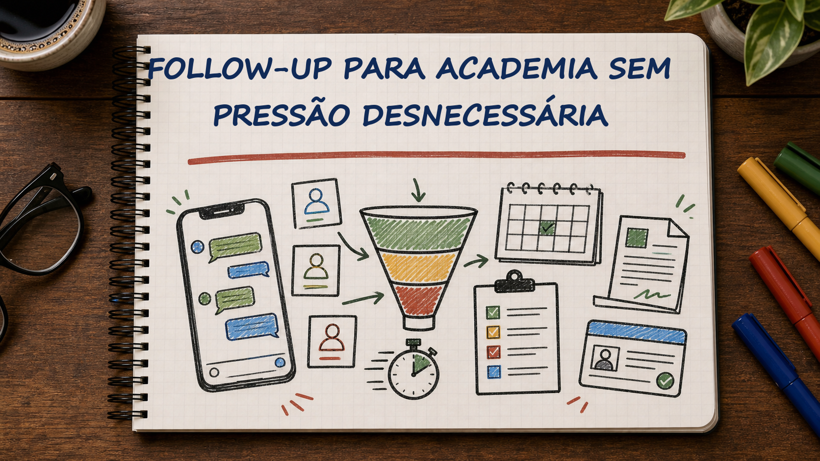 Caderno com guia visual sobre follow-up para academia para gestores de academias