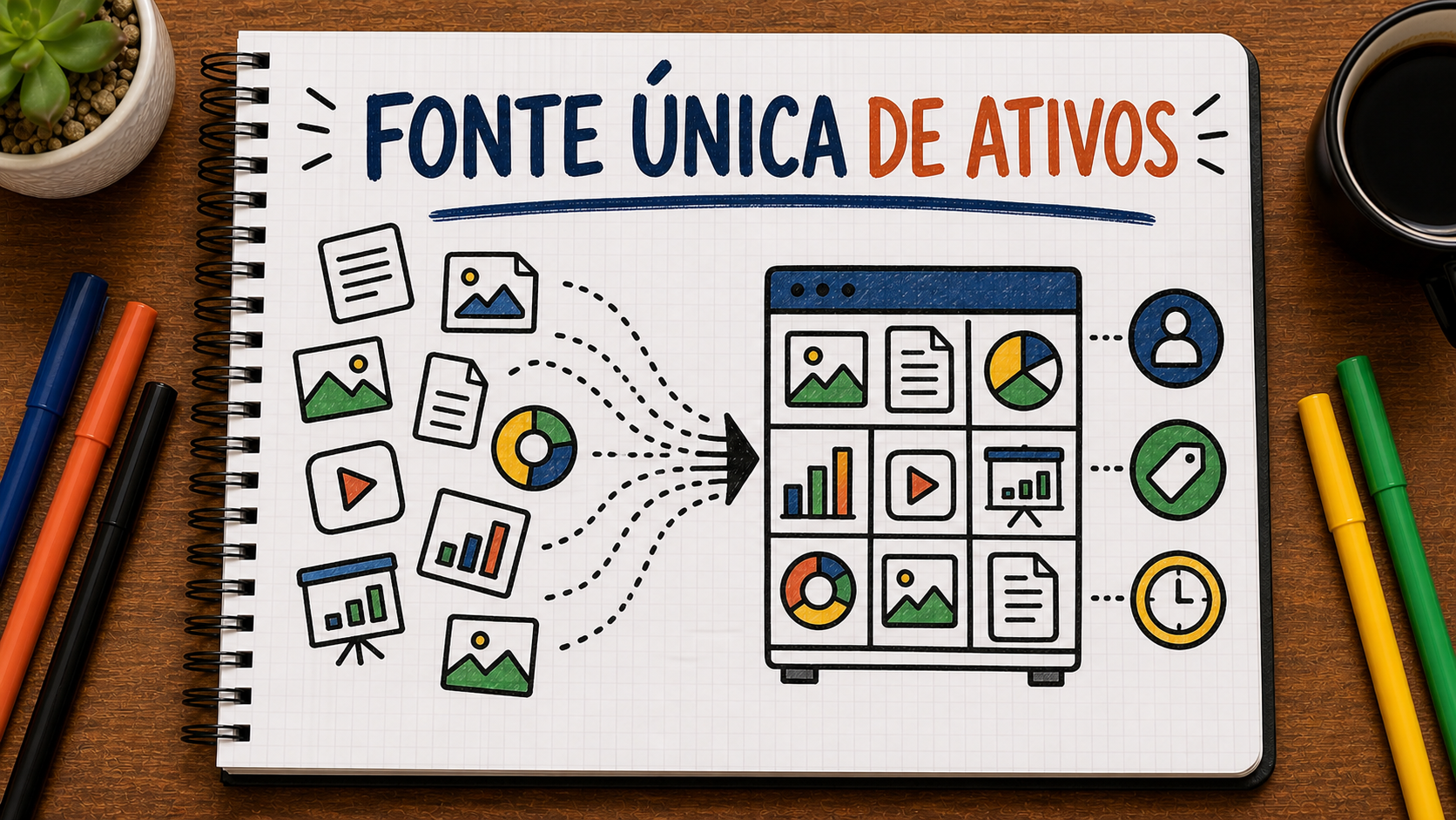 Caderno ilustrado sobre fonte única de ativos de marketing, mostrando ativo, metadado, validade, acesso