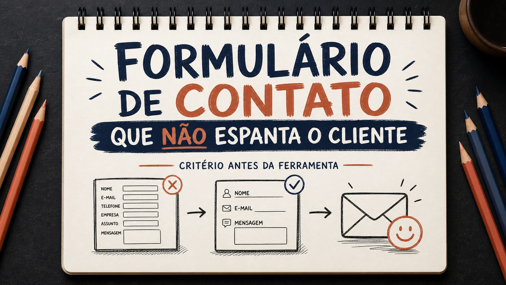 Formulário de contato organizado em uma capa editorial com critérios, canais e próximos passos.