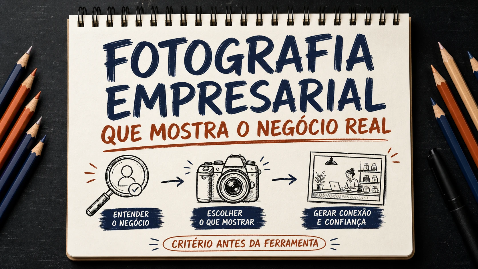 Fotografia empresarial organizado em uma capa editorial com critérios, canais e próximos passos.