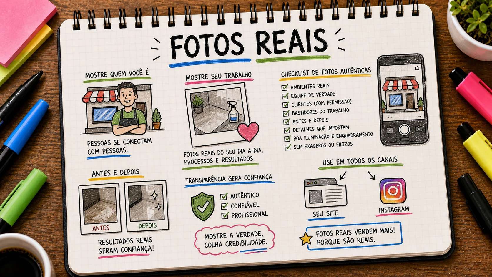 Fotos reais no marketing mostrando equipe, espaço e serviço de negócio local