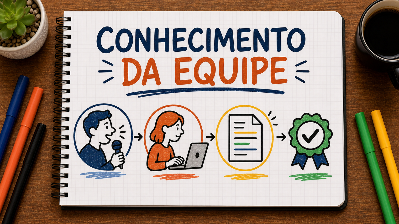 Caderno ilustrado sobre funcionários na criação de conteúdo, mostrando pergunta, experiência, edição, crédito
