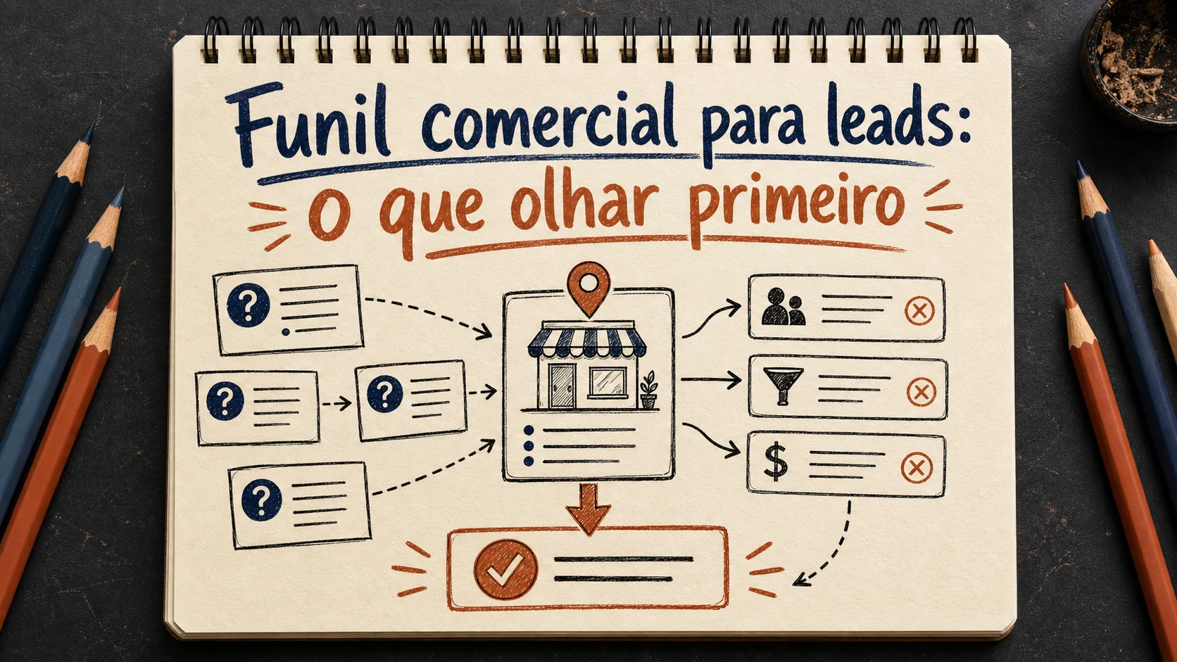 Funil comercial para leads em uma cena editorial sobre diagnóstico, escolha e próximos passos.