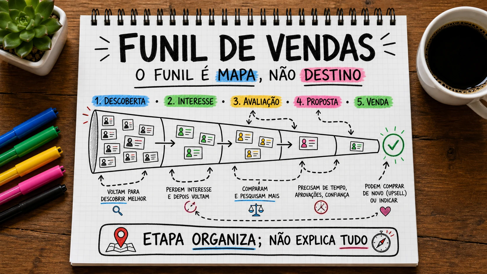 Funil de vendas representado em uma cena editorial sobre escolha, contexto e decisão.