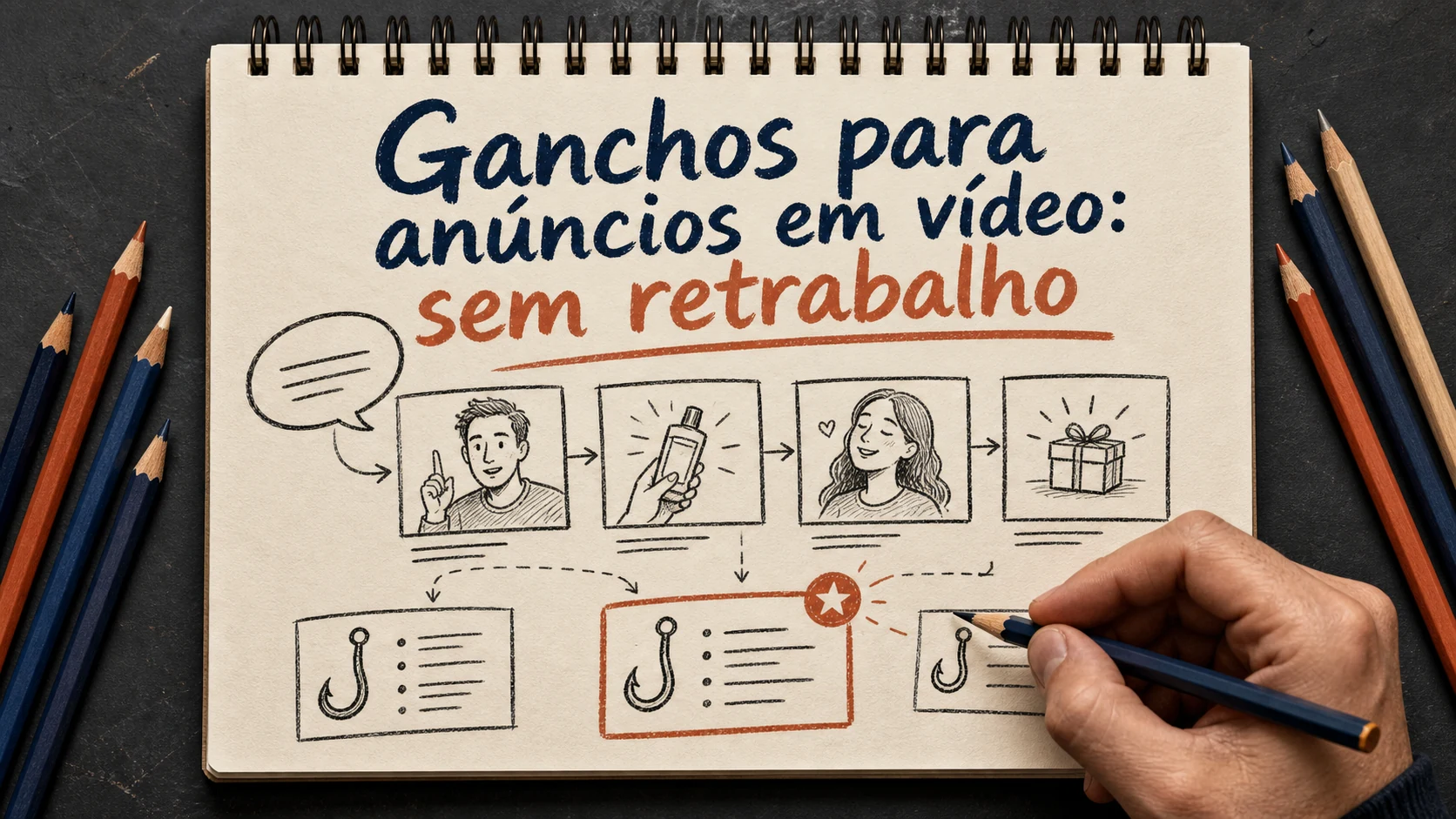 Ganchos para anúncios em vídeo em uma cena editorial sobre diagnóstico, escolha e próximos passos.