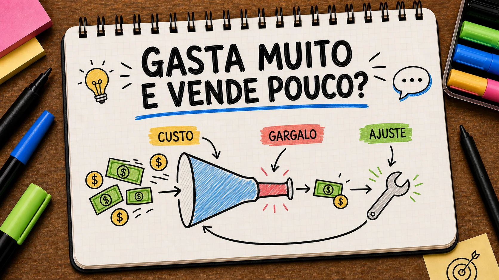 gastando muito em anúncio e vendendo pouco representado como caminho entre anúncio, contato e