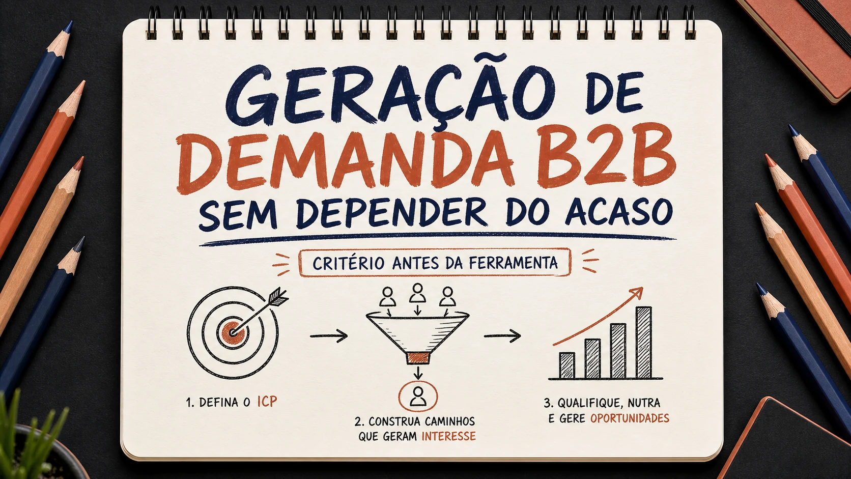 Geração de demanda B2B organizado em uma capa editorial com critérios, canais e próximos passos.
