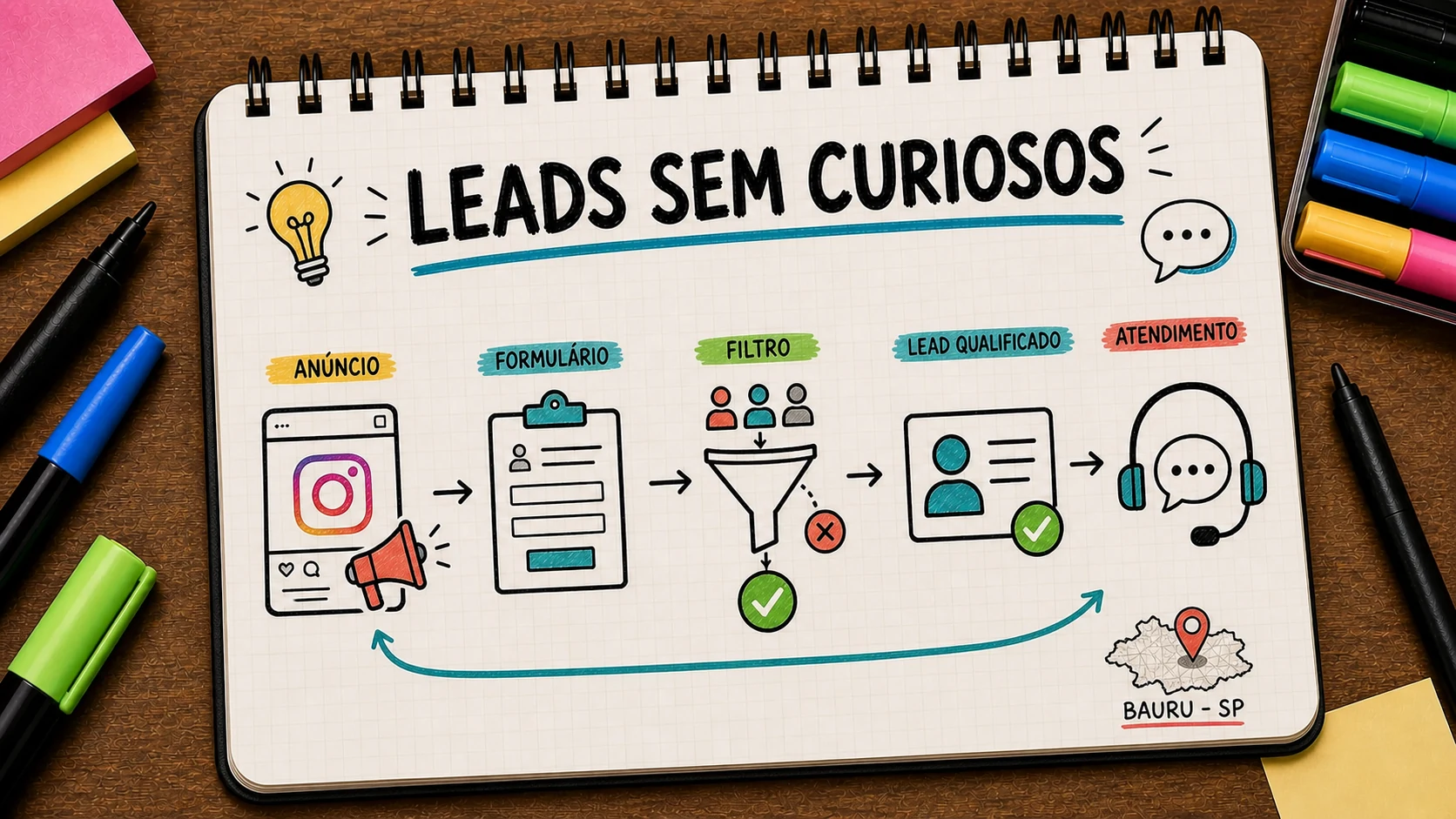 Caderno ilustrado sobre gerar leads pelo Instagram, com etapas de campanha, atendimento e venda