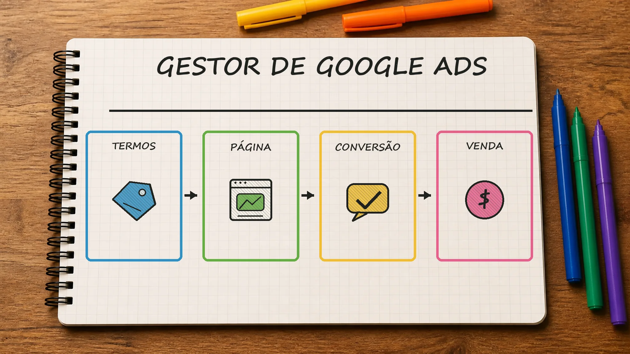 Caderno ilustrado sobre gestor de Google Ads, mostrando termos, página, conversão, venda