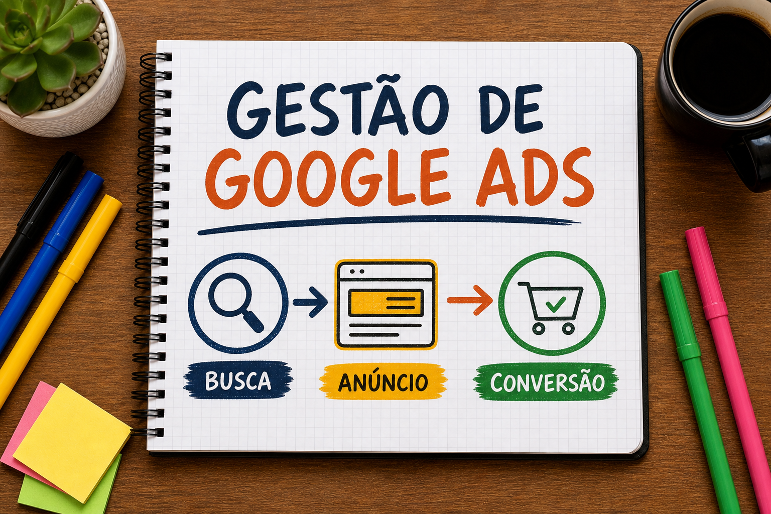 Caderno aberto com um plano visual de gestão de Google Ads, metas, anúncios e conversões.
