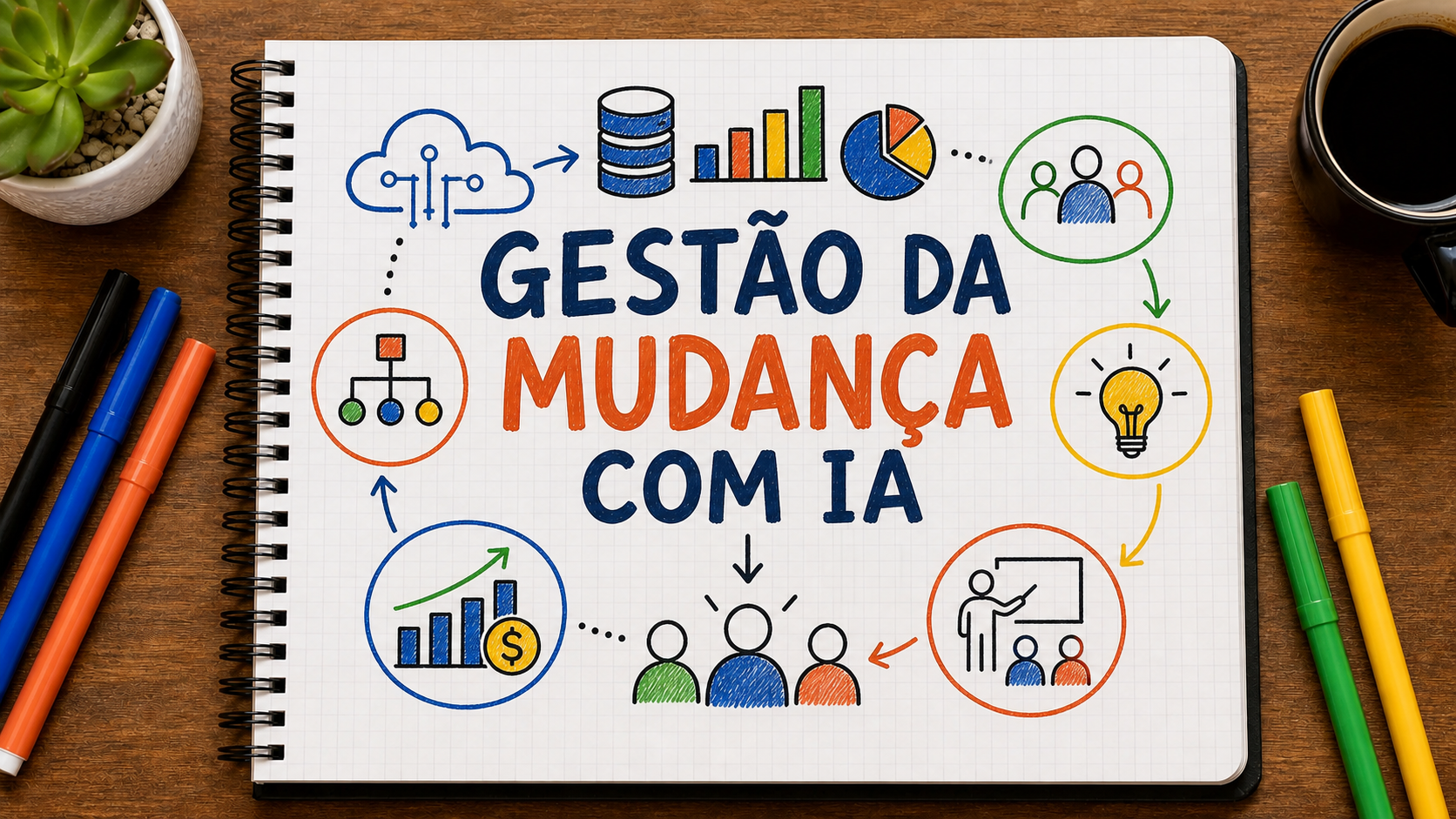 Ilustração editorial sobre gestão da mudança com inteligência artificial aplicada a empresas