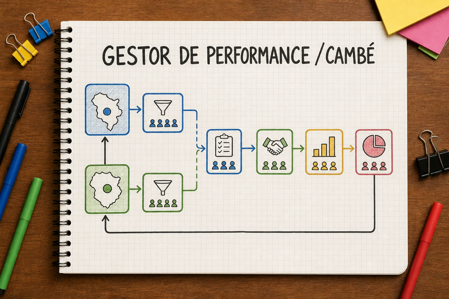 gestor de performance em Cambé representado por responsabilidades, decisões e indicadores de mídia