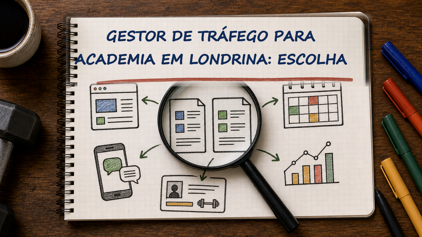 Caderno com guia visual sobre gestor de tráfego academia Londrina para gestores de academias