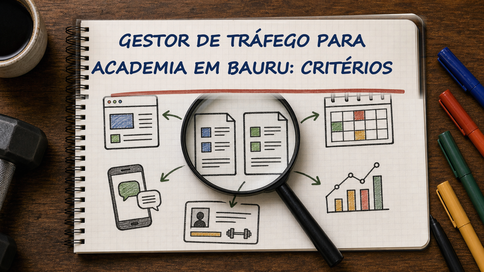 Caderno com guia visual sobre gestor de tráfego para academia em Bauru para gestores de academias